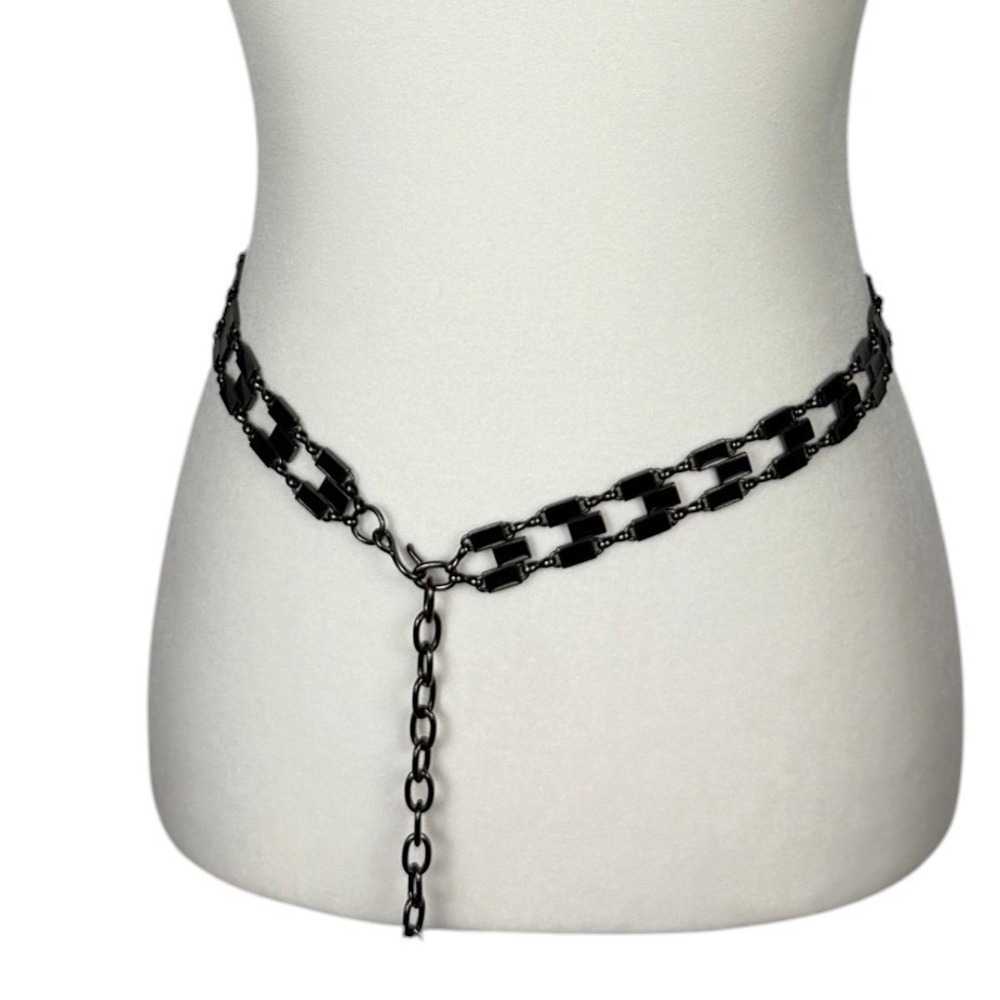 Vintage Enamel Belt Women OS Black Gunmetal Chain Link Geometric Retro Goth